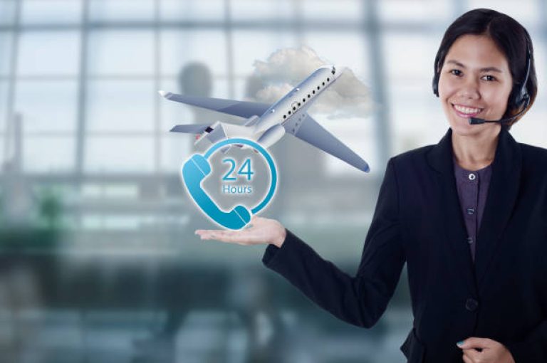 sales person asia happy smiling plane flight travel for customer support operator with headset 24 hours in office.